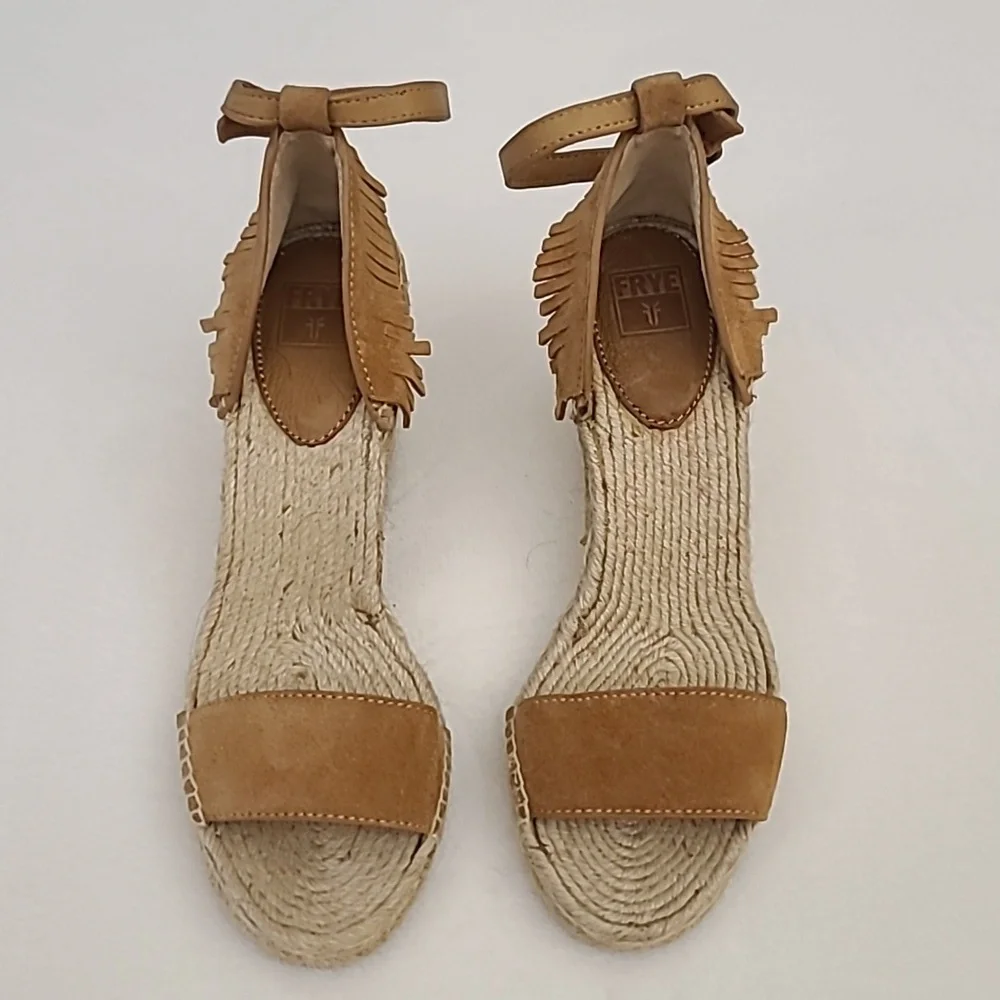 FRYE AND CO. Tan Suede Fringe Espadrille Wedge Sandals